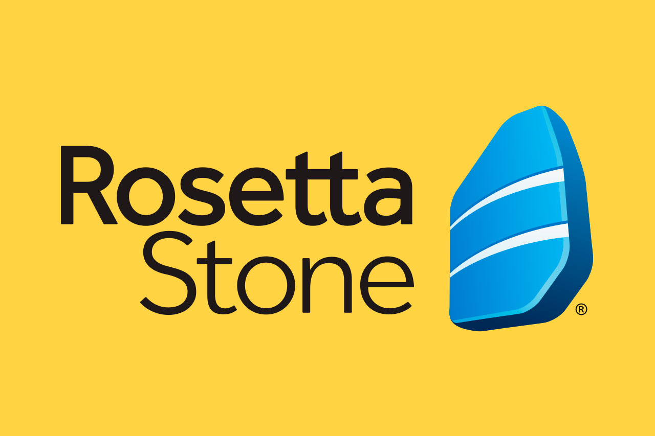  The Rosetta Stone logo, which is a blue and gray stone with three lines on it, sits next to black text that reads Rosetta Stone.