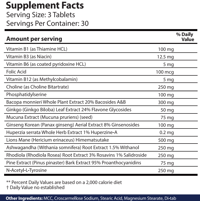 Mind Vitality Focus Supplement Facts Label