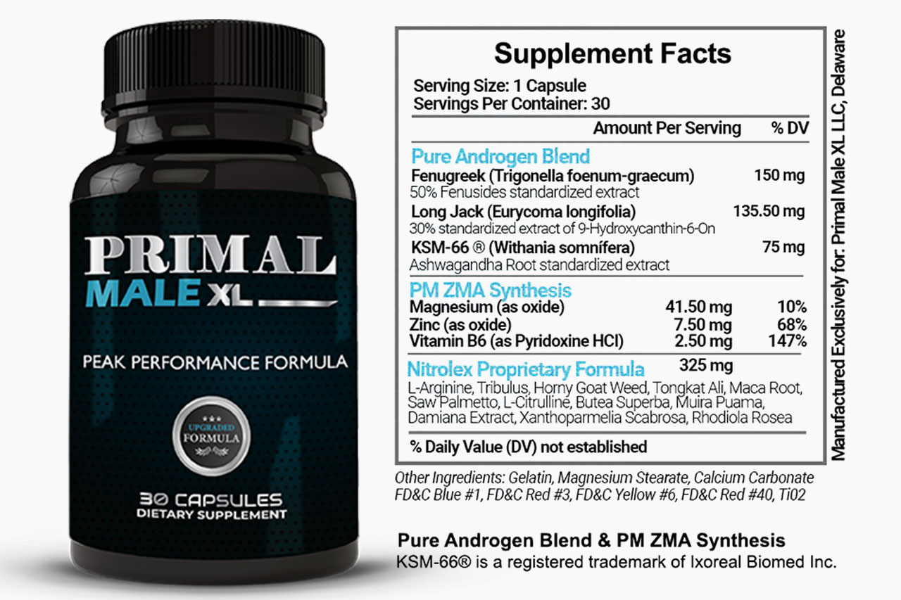 Primal Male XL Supplement Facts Label