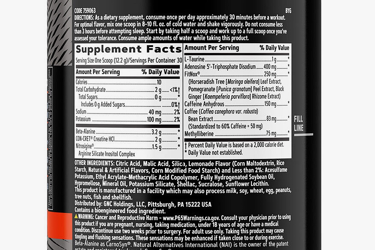 Tri-Phase Multi-Action Pre-Workout Supplement Facts Label